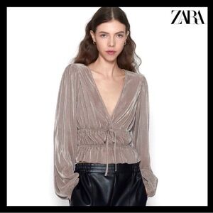 ZARA Velvet Ruched V-neck blouse Long Sleeve Size Small Metallic| Pleated| Mauve
